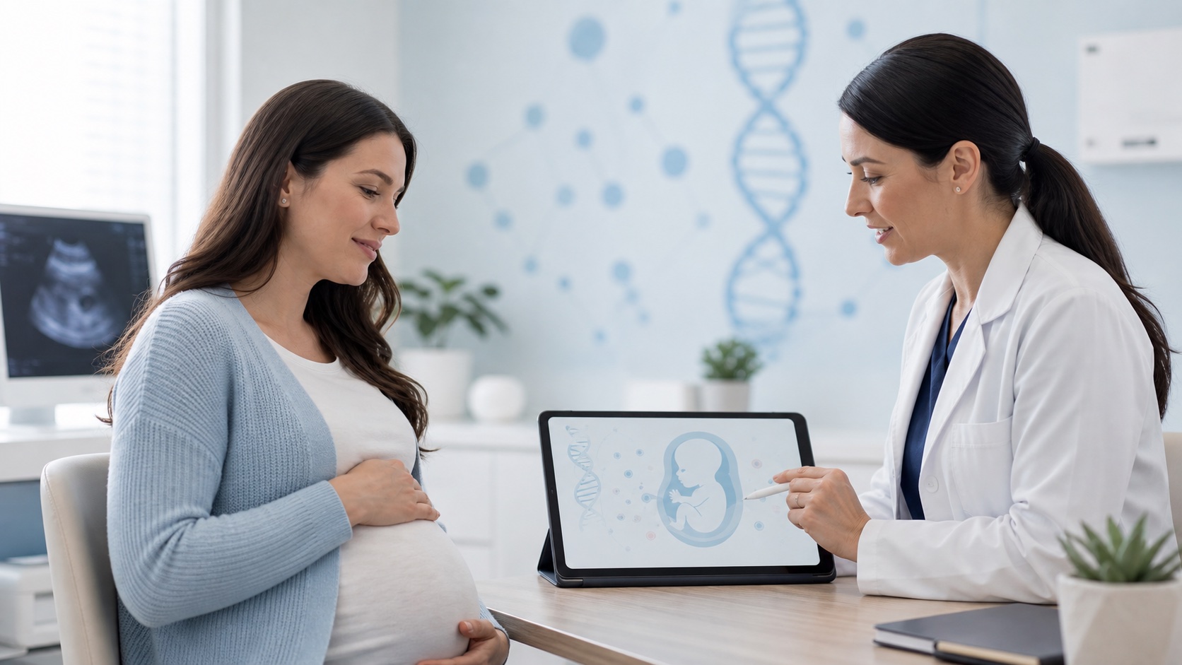 Clinician explaining prenatal genetic screening to a patient