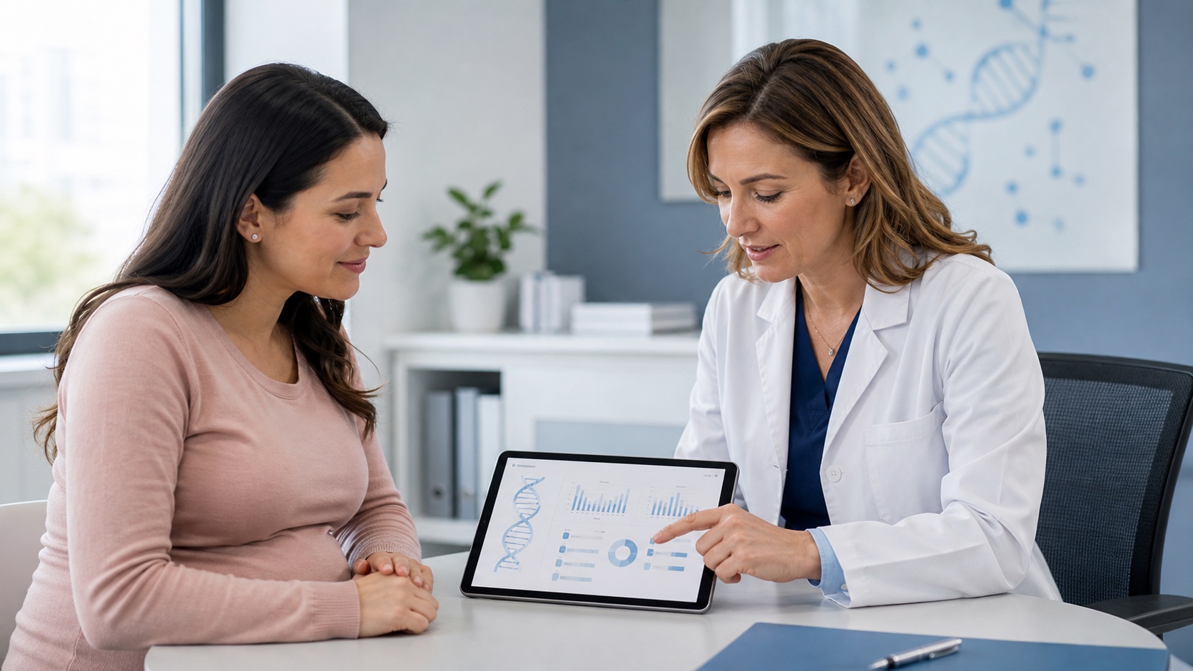 Clinician reviewing prenatal genetic screening results with a patient